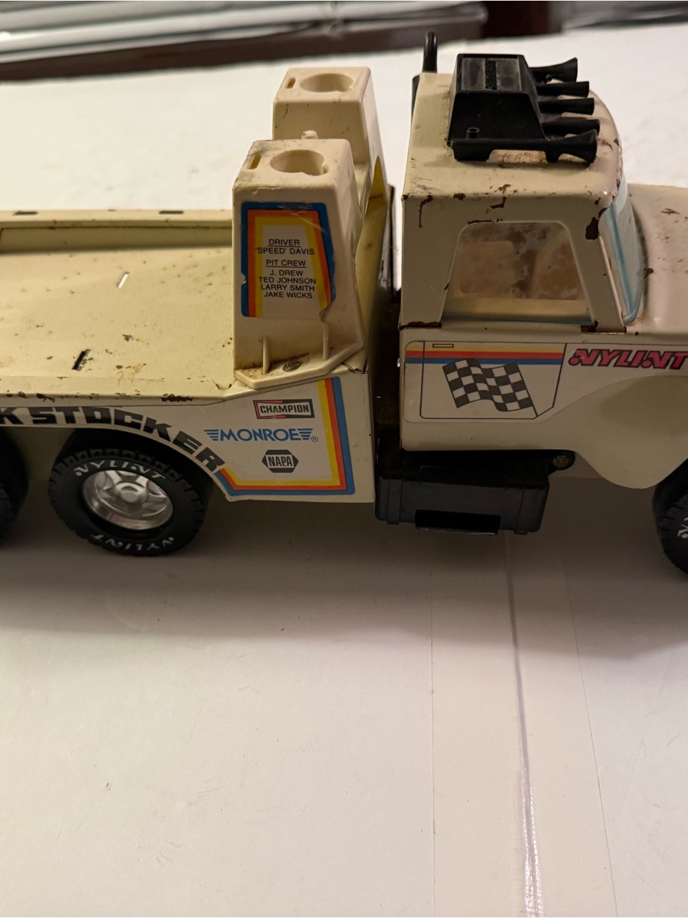 Vintage White Racing Flatbed Tow Truck Toy -